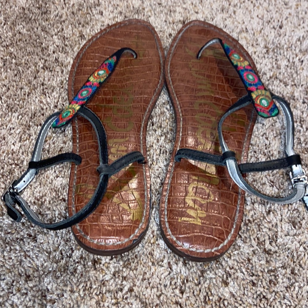 Sam Edelman sandals with rainbow stitching and mirrors on the top.